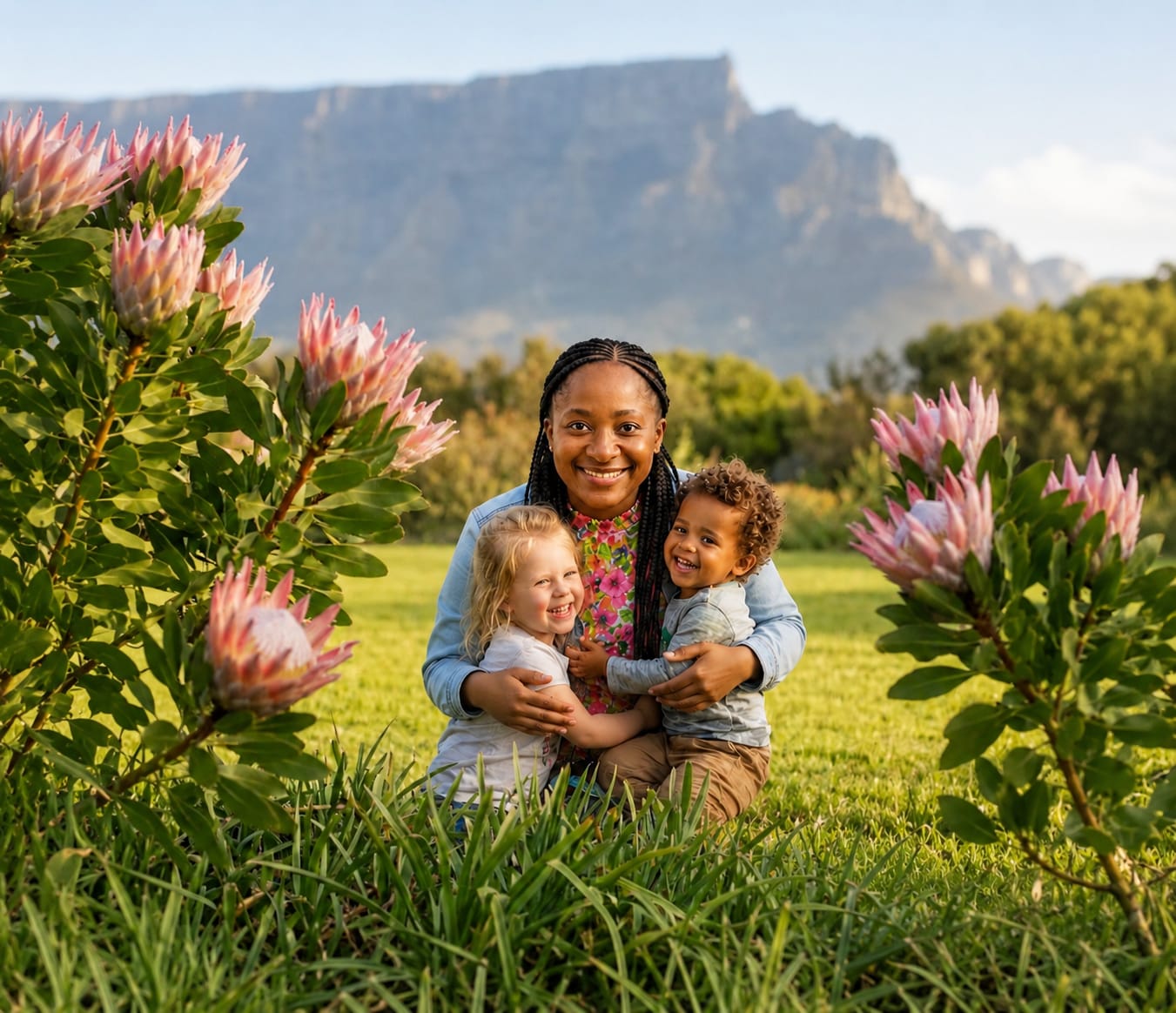 Warm, smiling childcare professional Jackie playing with two young children in a sunny Cape Town garden, with Table Mountain in the background and blush pink protea flowers framing the scene