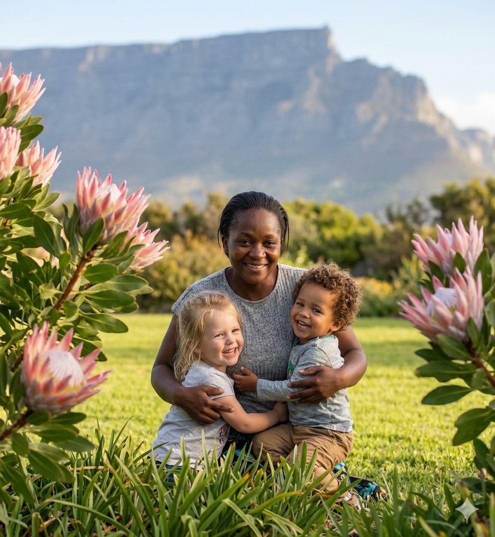 Warm, smiling childcare professional Jackie playing with two young children in a sunny Cape Town garden, with Table Mountain in the background and blush pink protea flowers framing the scene