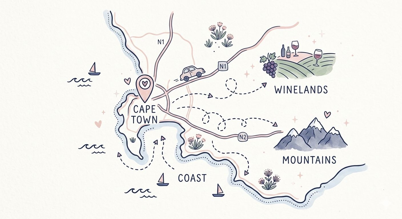 Illustrated map of Cape Town and the Western Cape showing coverage across the city and travel for touring families